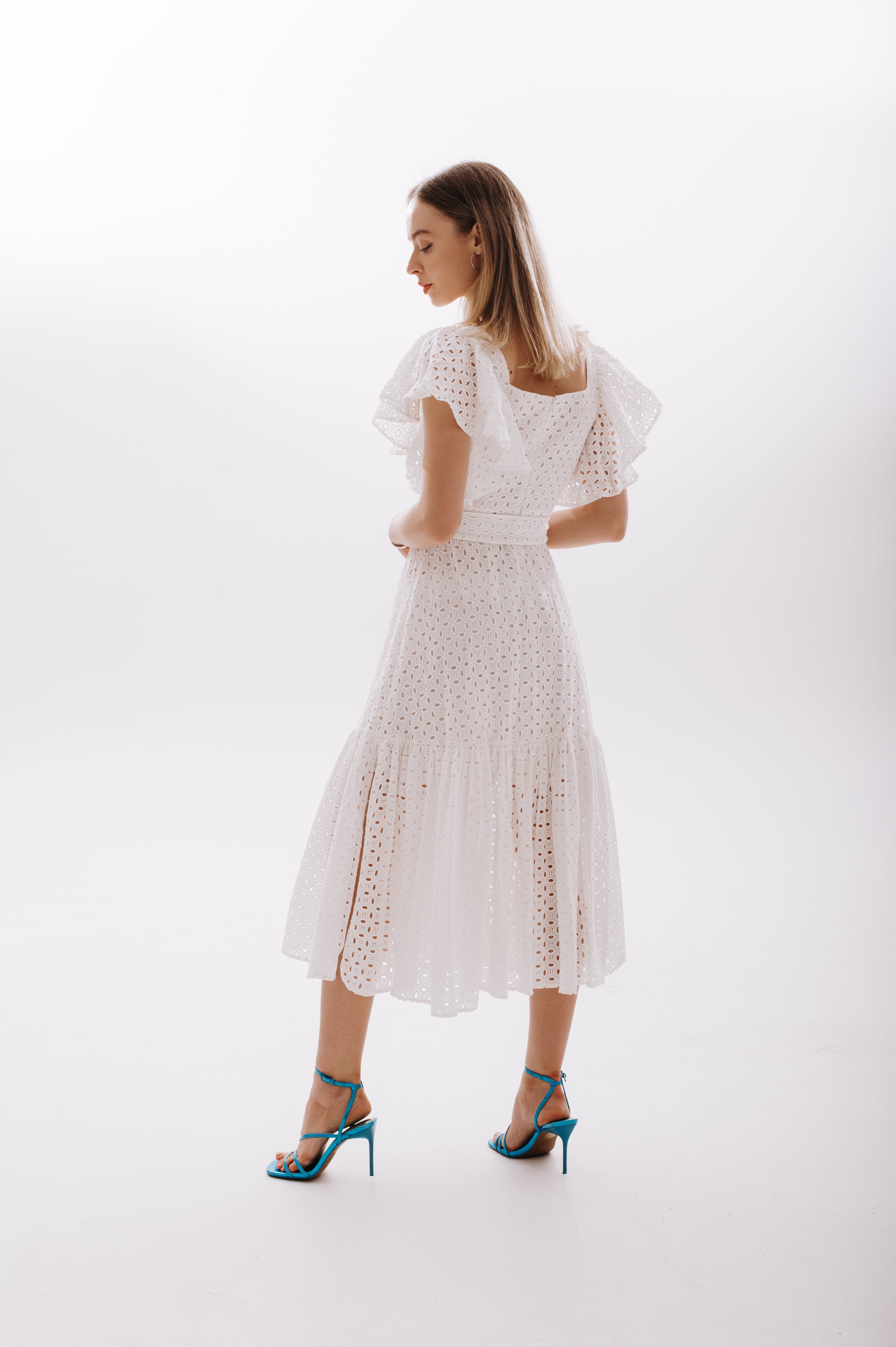 Daisy Flutter-Sleeve Embroidered Midi Dress – Crisp White