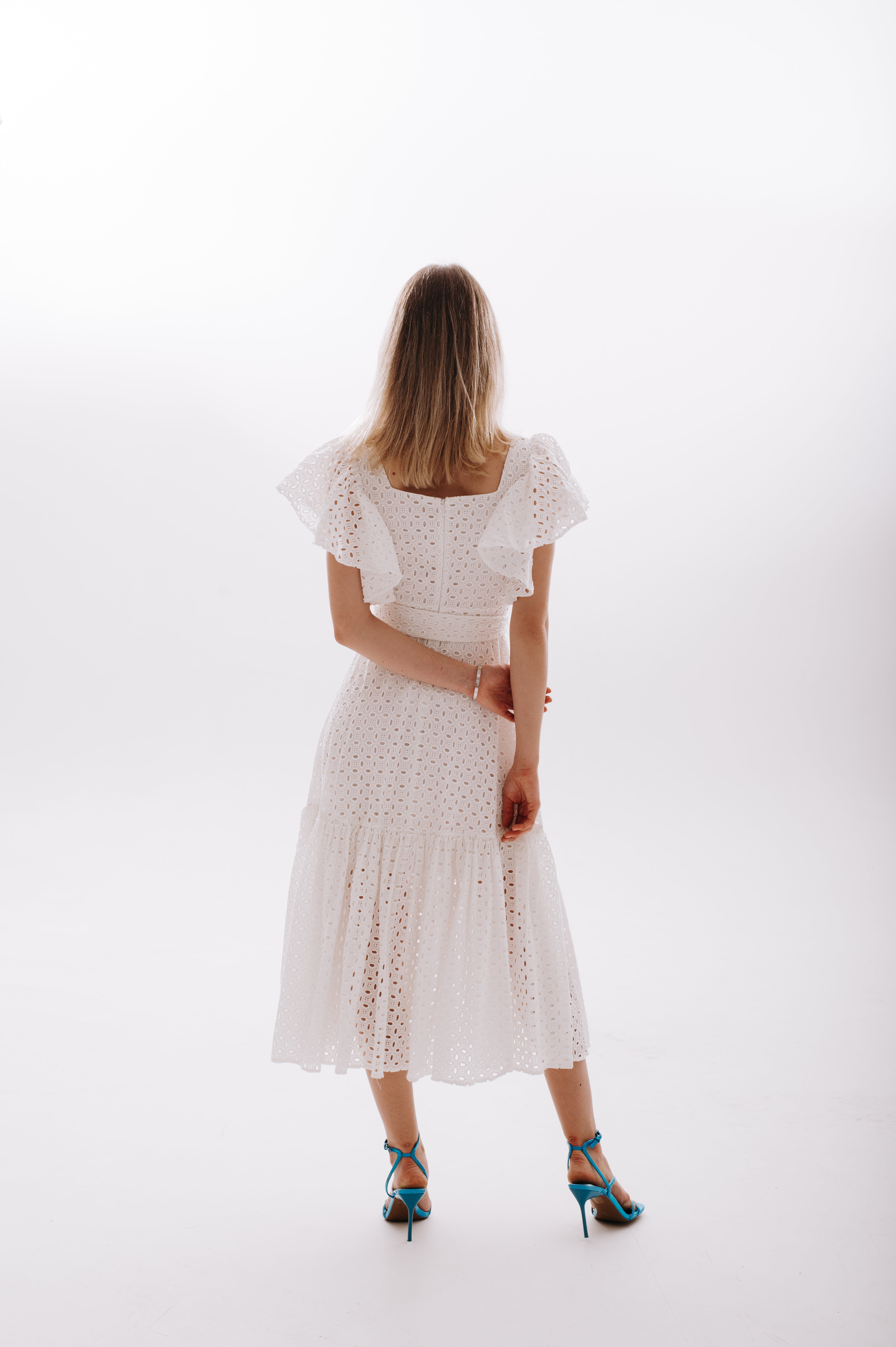 Daisy Flutter-Sleeve Embroidered Midi Dress – Crisp White