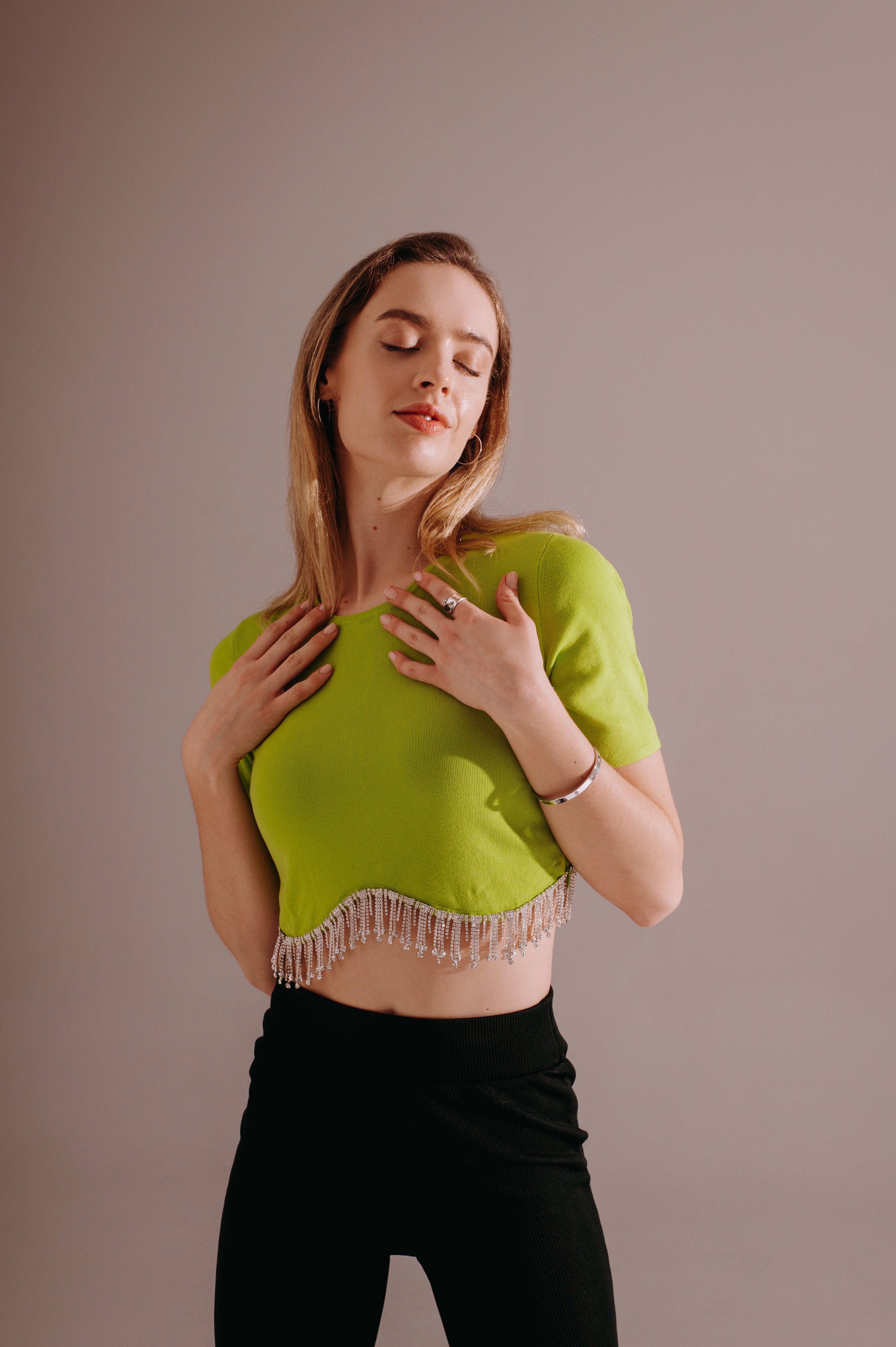 Tessa Tassel Knit Crop Top – Lime Pop