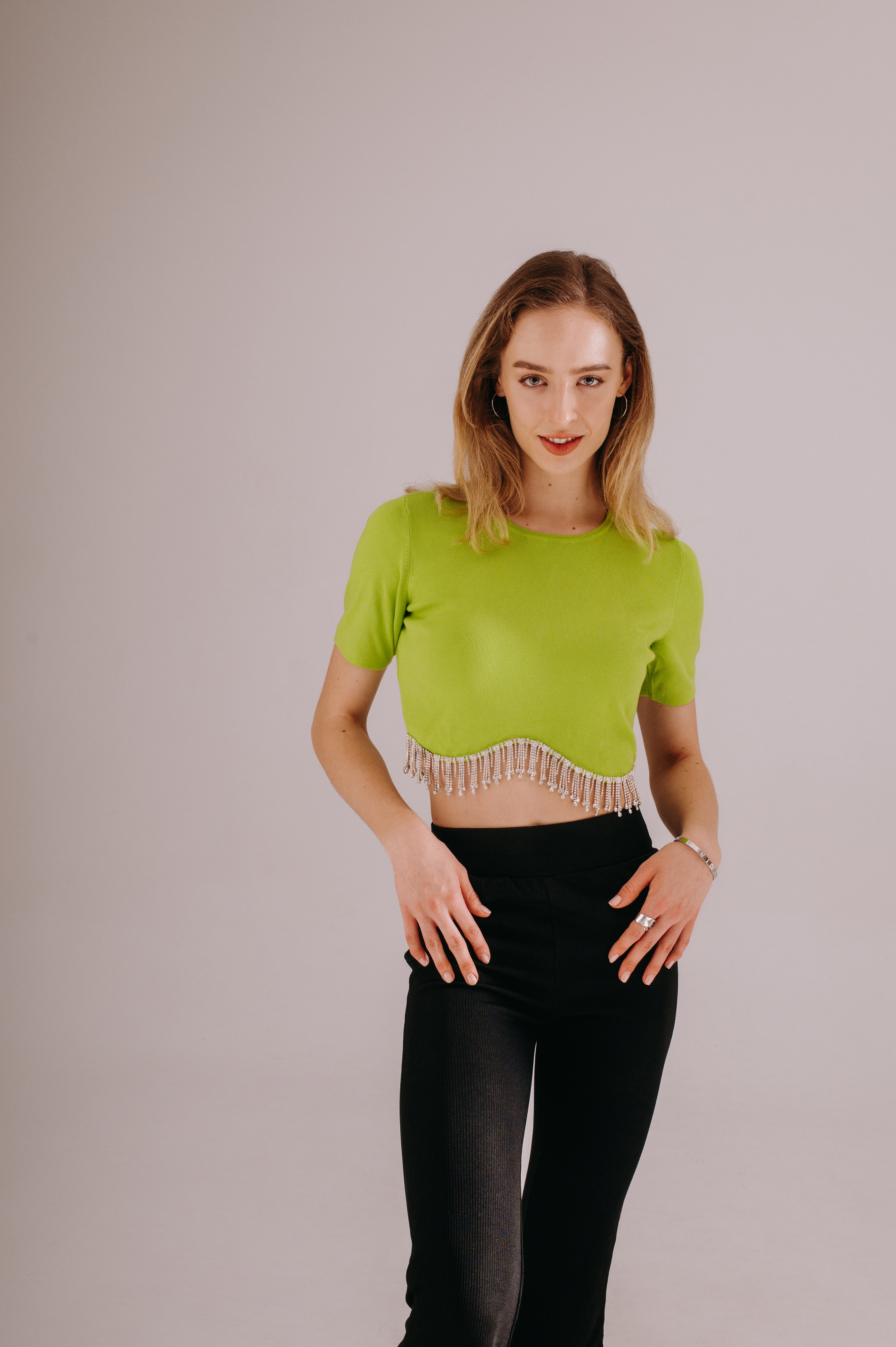 Tessa Tassel Knit Crop Top – Lime Pop