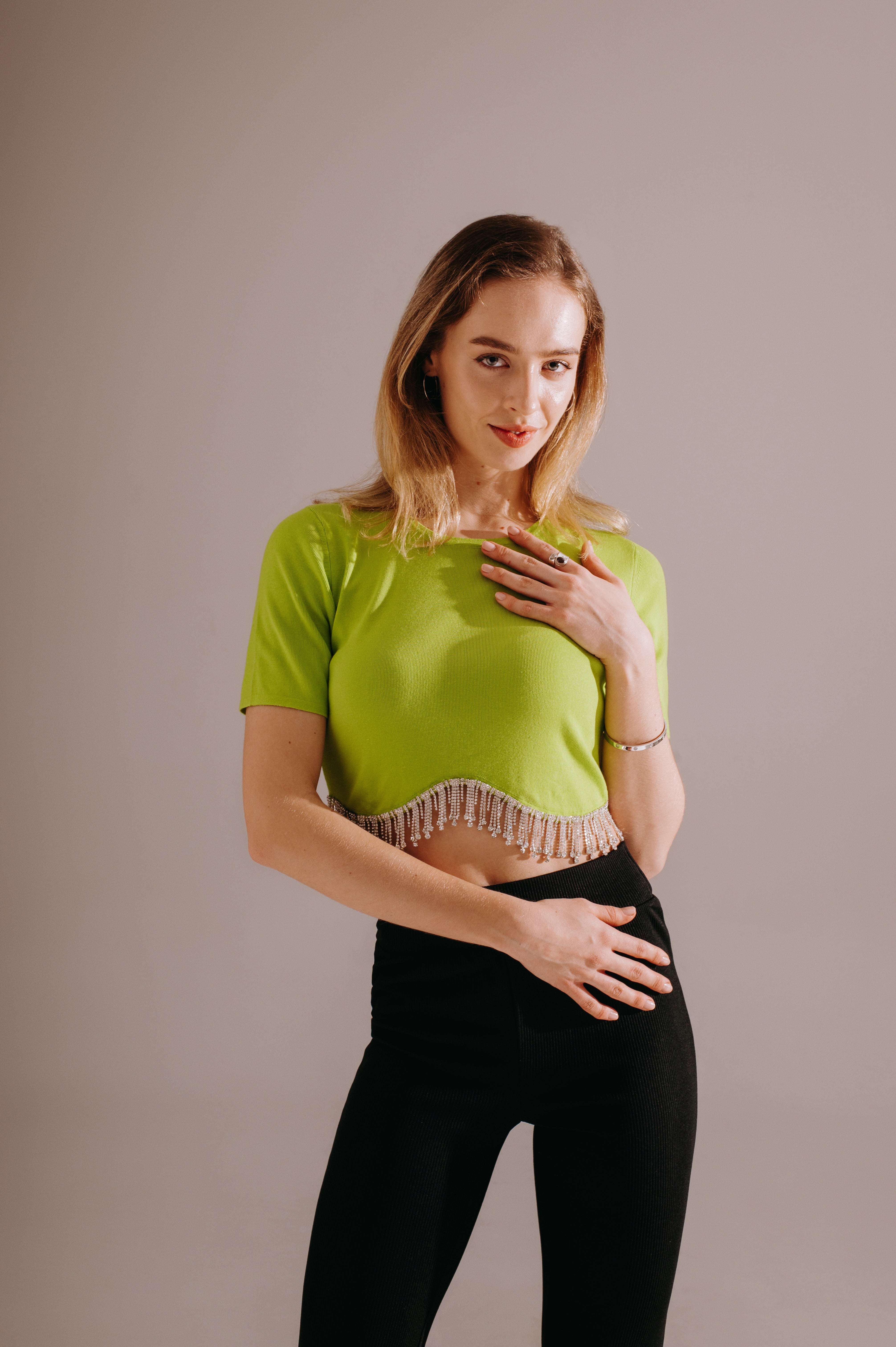 Tessa Tassel Knit Crop Top – Lime Pop