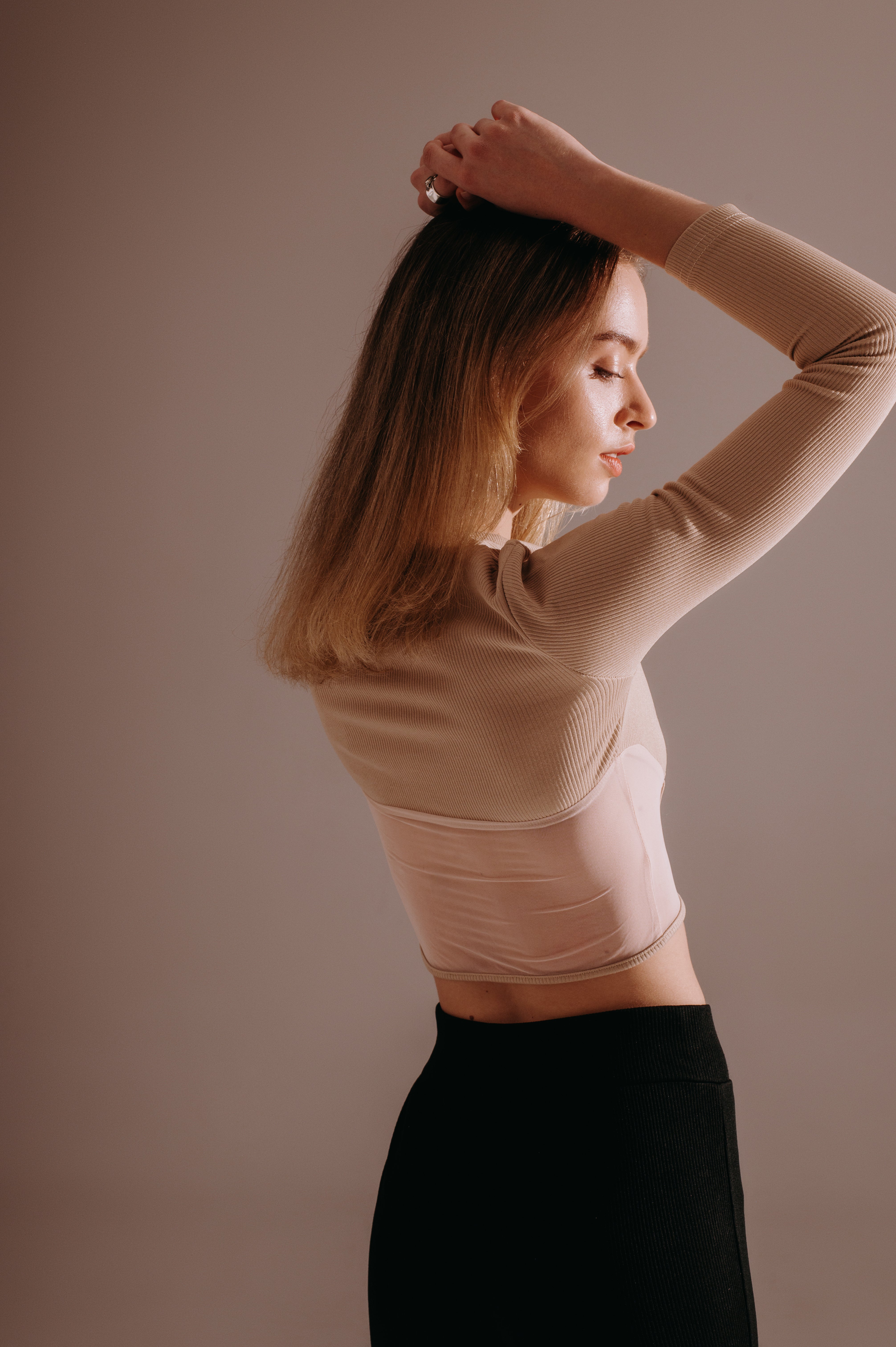 Nora Sheer Panel Knit Crop Top – Beige