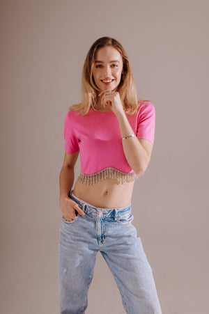 Tessa Tassel Knit Crop Top – Candy Pink