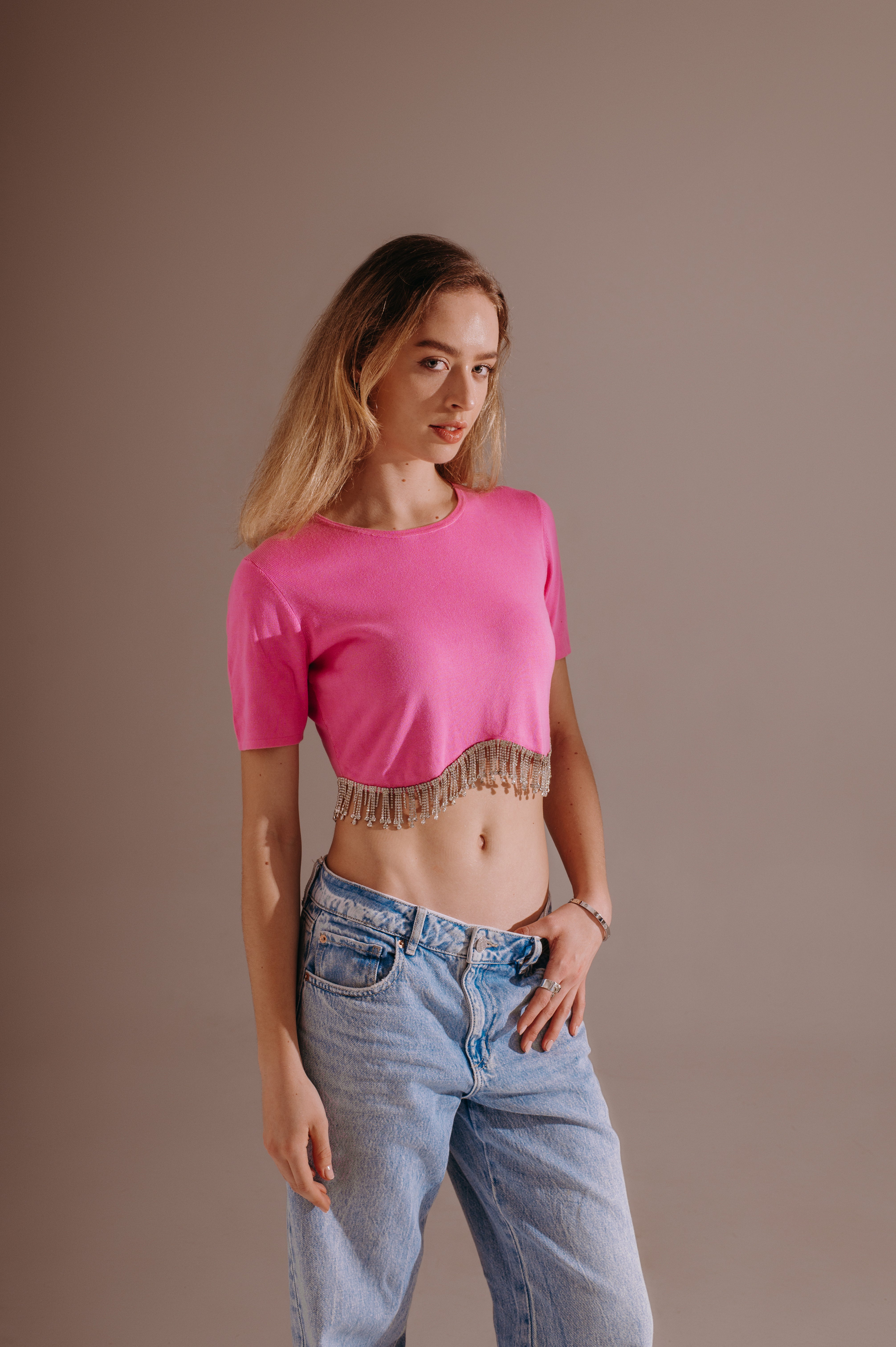 Tessa Tassel Knit Crop Top – Candy Pink